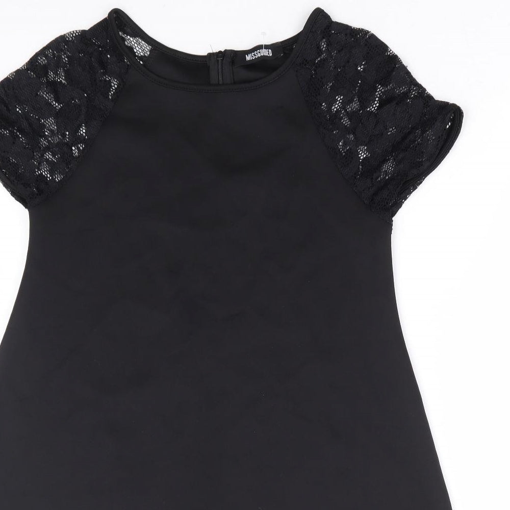 Missguided Womens Black Polyester A-Line Size 10 Round Neck Zip - Lace Sleeve Detail