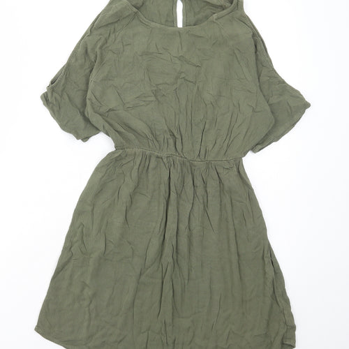 H&M Womens Green Viscose A-Line Size 6 Round Neck Button - Cold Shoulder