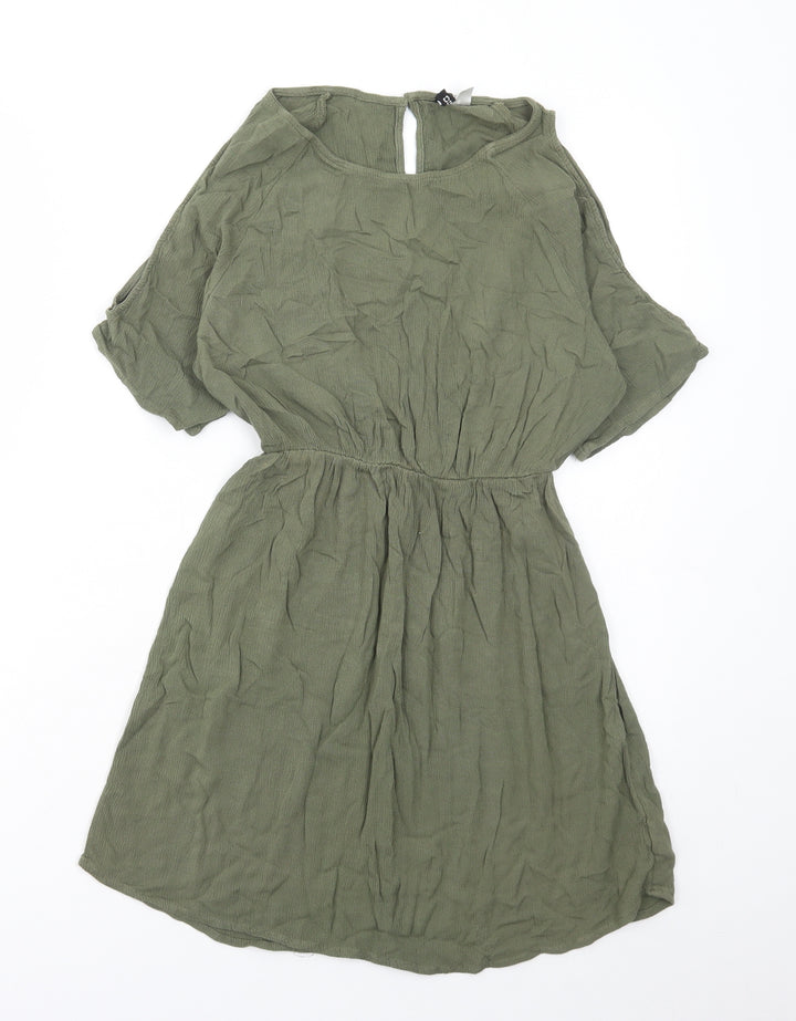 H&M Womens Green Viscose A-Line Size 6 Round Neck Button - Cold Shoulder