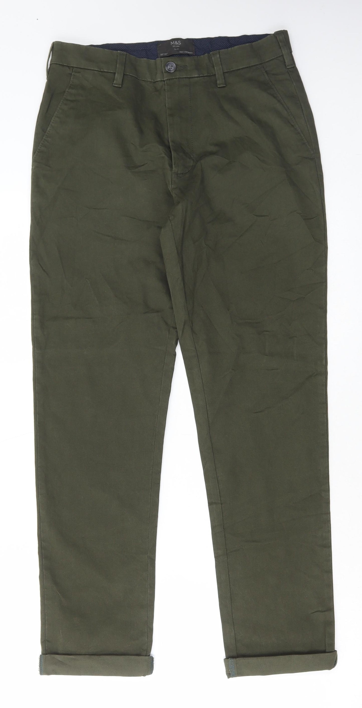 Marks and Spencer Mens Green Cotton Trousers Size 30 in L31 in Regular Button