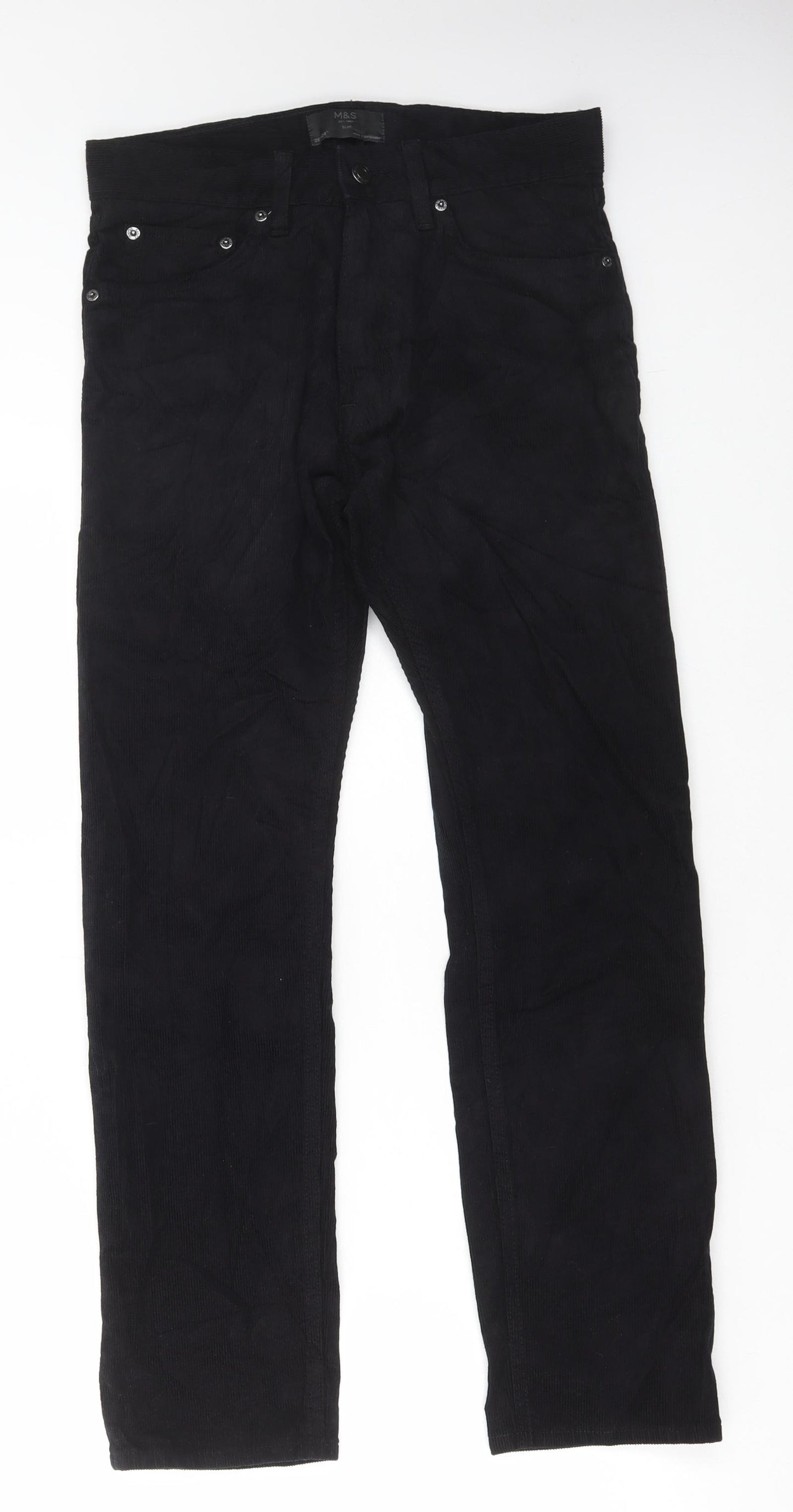 Marks and Spencer Mens Black Cotton Trousers Size 28 in L29 in Regular Button