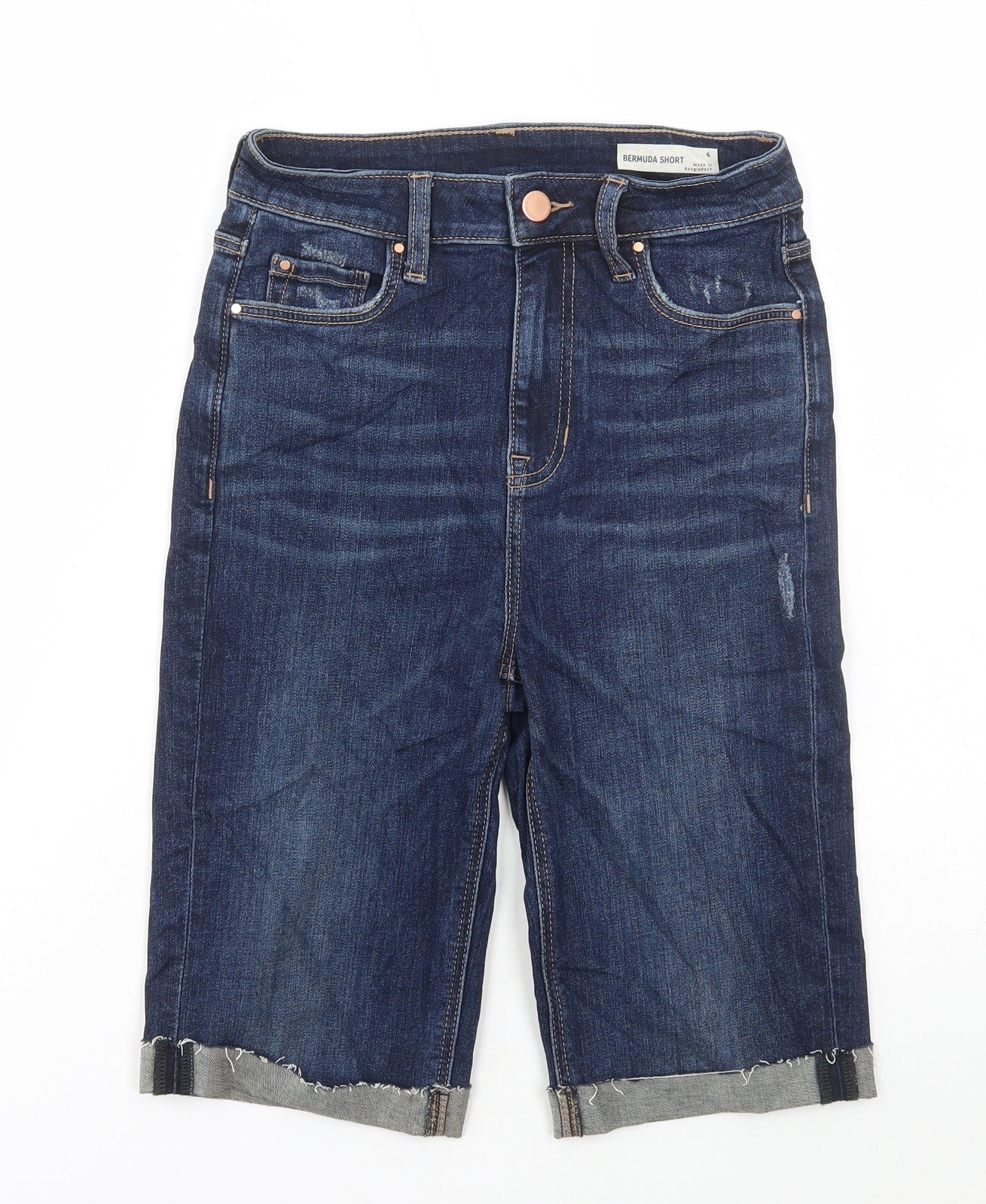 Marks and Spencer Womens Blue Cotton Bermuda Shorts Size 6 L15 in Regular Button - Distressed Denim