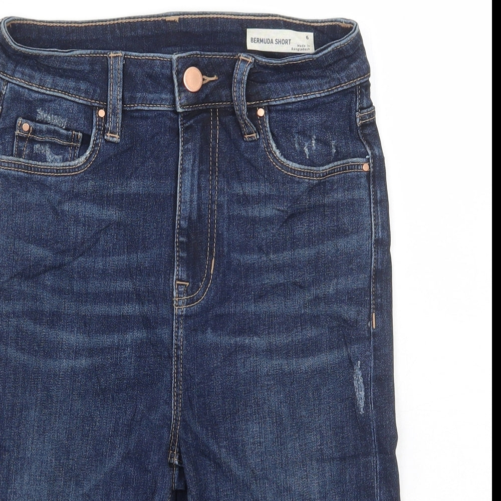 Marks and Spencer Womens Blue Cotton Bermuda Shorts Size 6 L15 in Regular Button - Distressed Denim