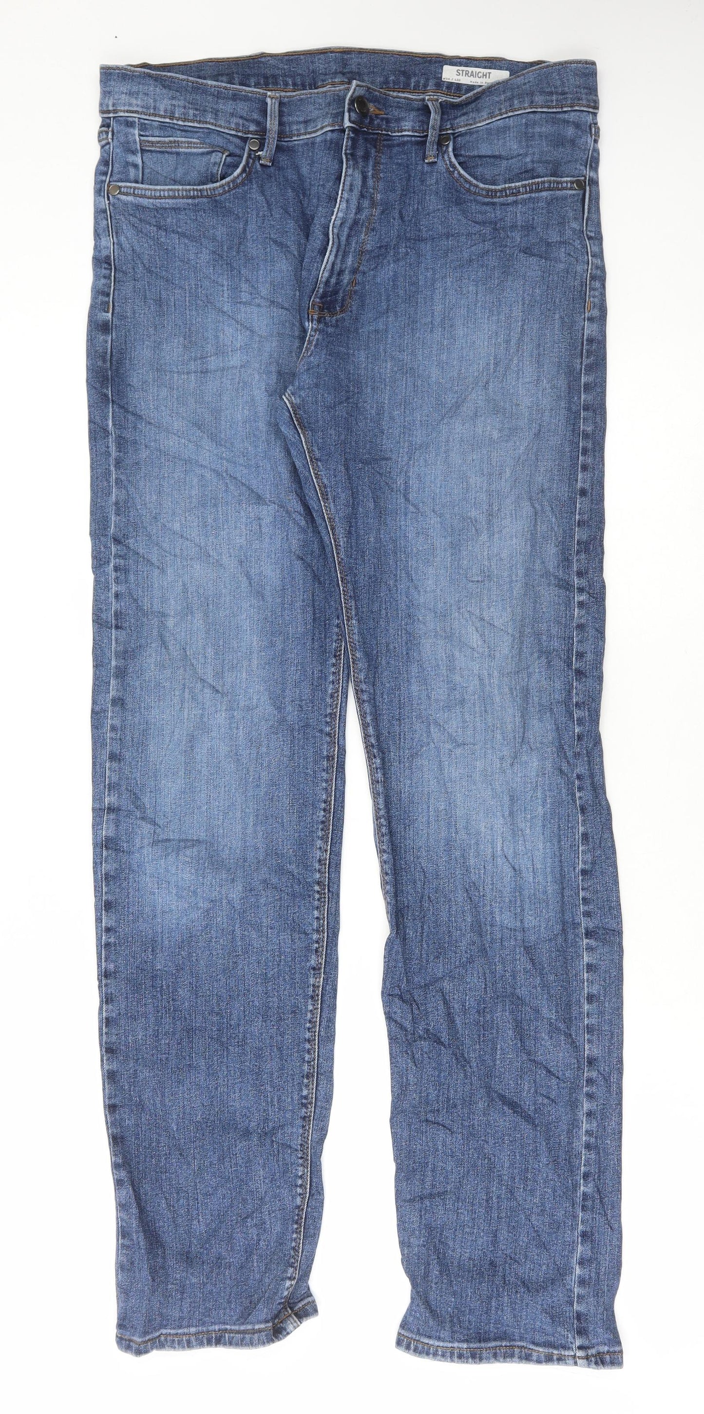 Marks and Spencer Mens Blue Cotton Straight Jeans Size 34 in L33 in Regular Button