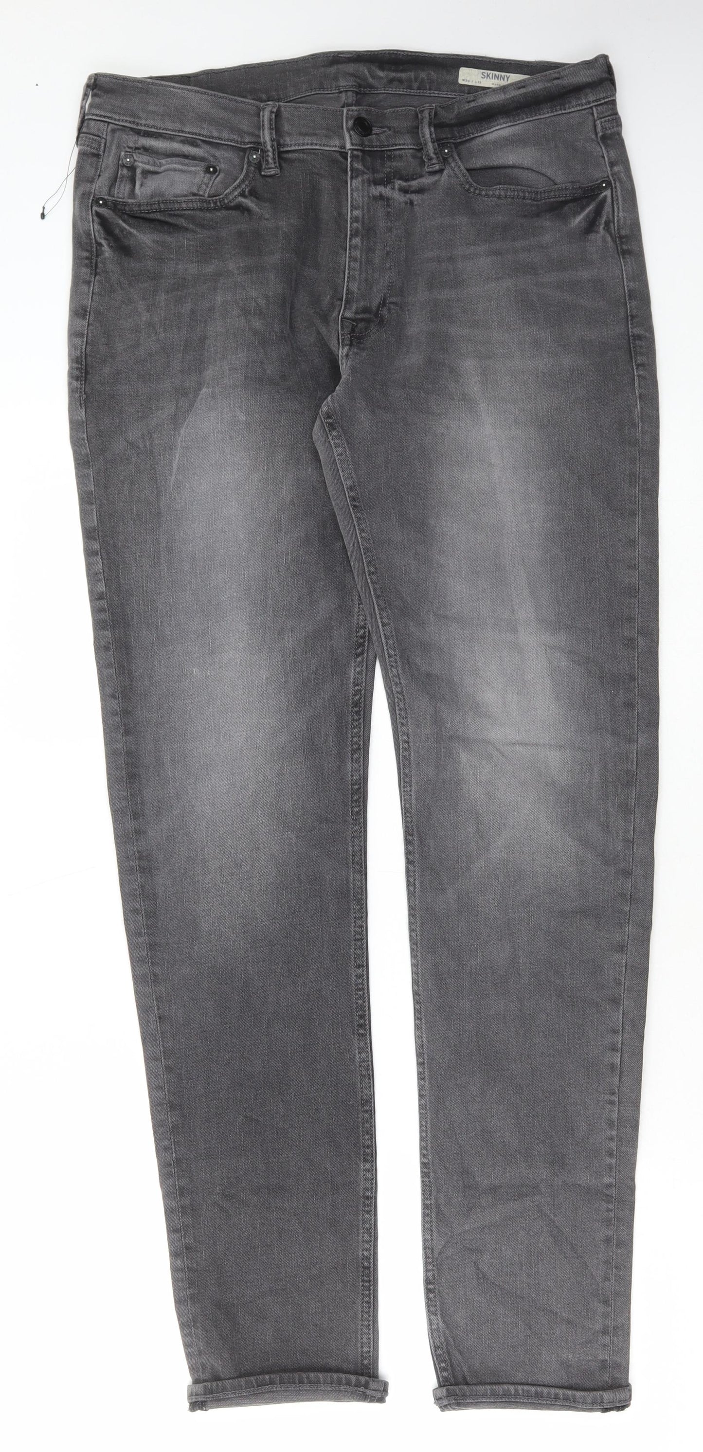 Marks and Spencer Mens Grey Cotton Skinny Jeans Size 34 in L33 in Regular Button