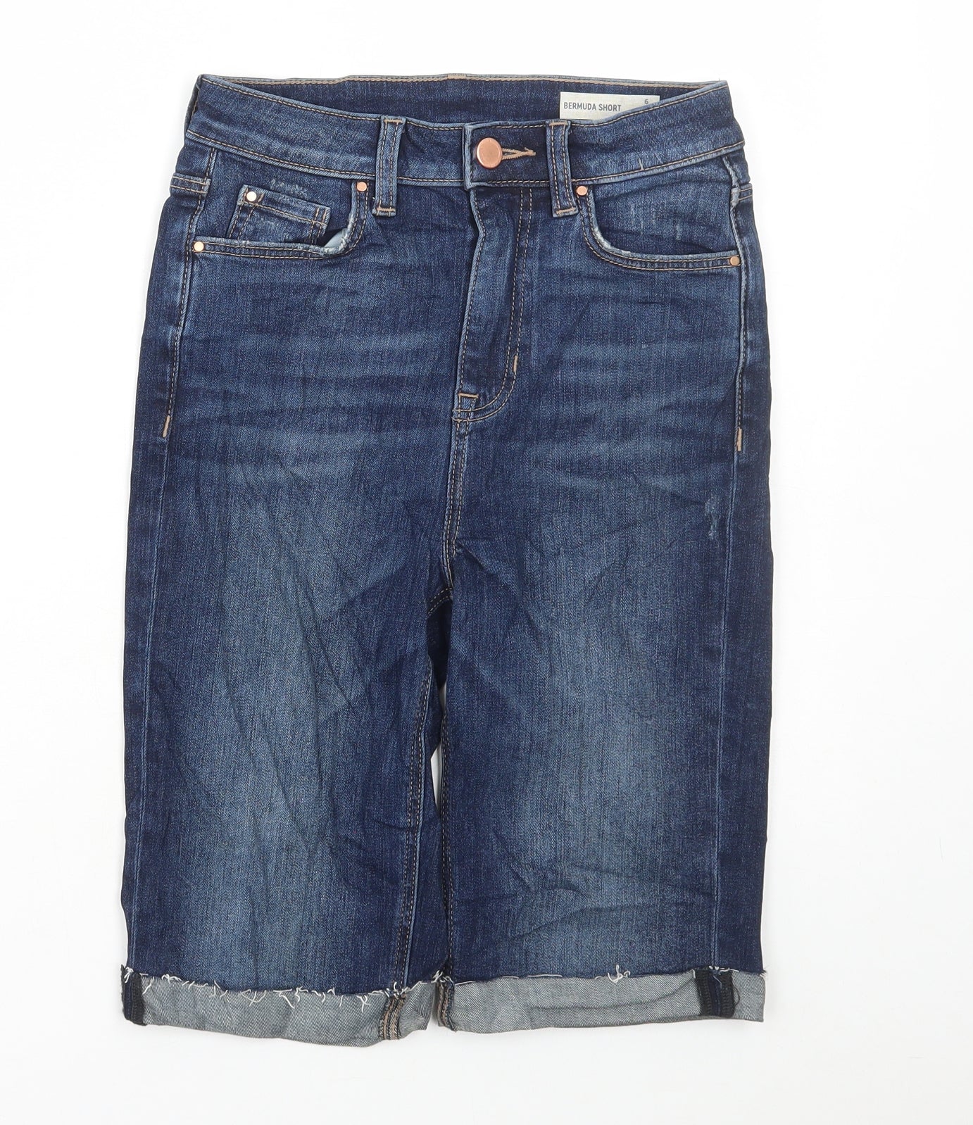 Marks and Spencer Womens Blue Cotton Bermuda Shorts Size 6 L11 in Regular Button
