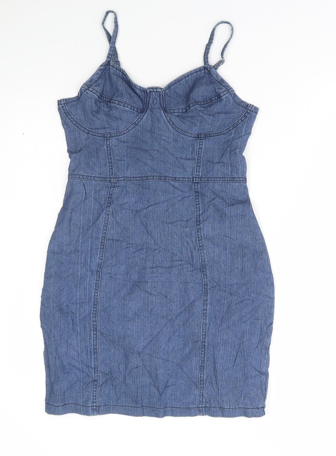 Jolie & Joy Womens Blue Cotton Slip Dress Size S V-Neck Zip