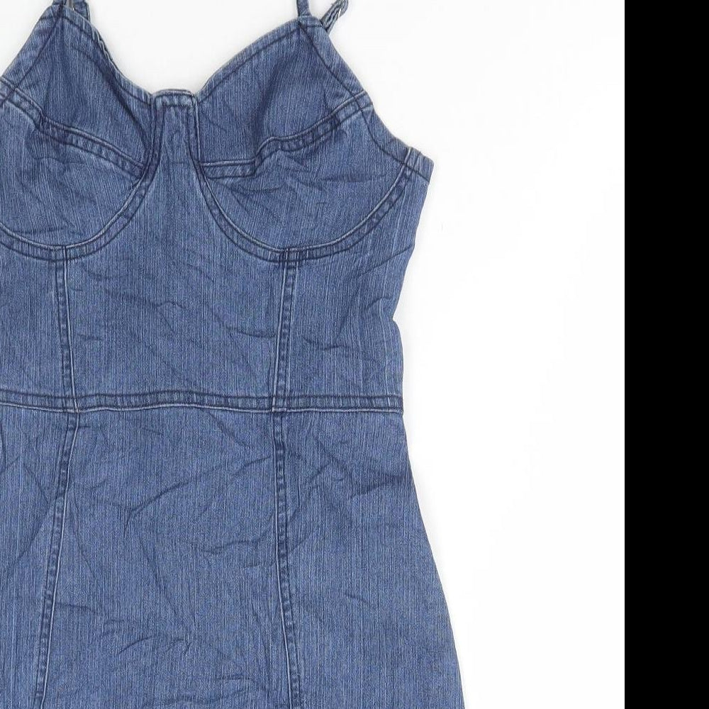 Jolie & Joy Womens Blue Cotton Slip Dress Size S V-Neck Zip