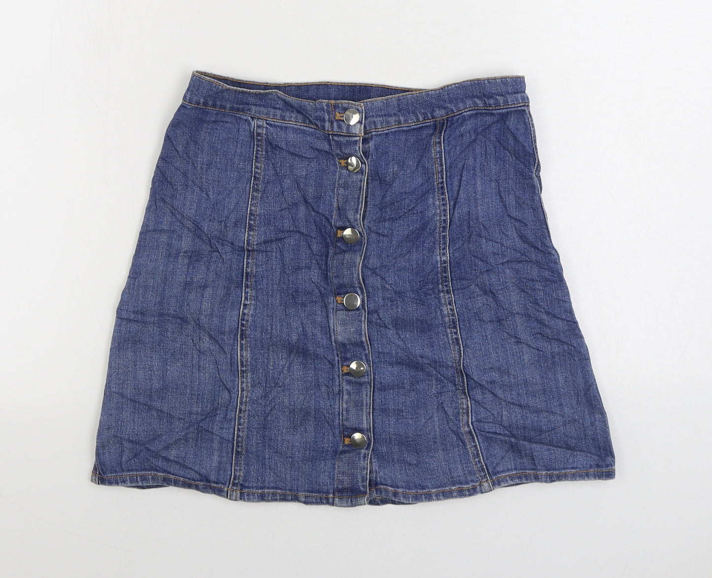H&M Womens Blue Cotton A-Line Skirt Size 10 Button
