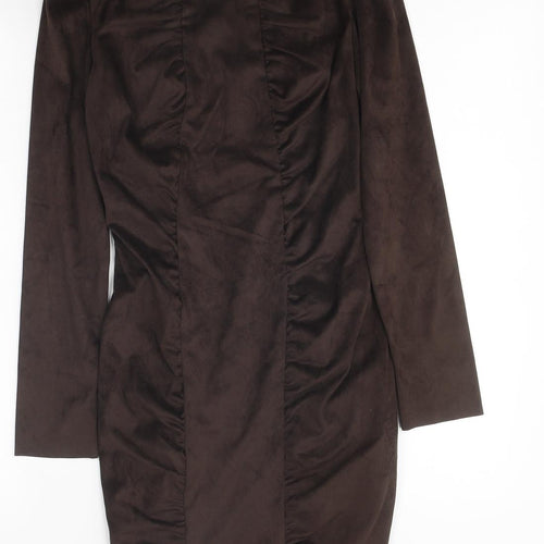 Zara Womens Brown Polyester Bodycon Size XS Round Neck Zip - Ruched