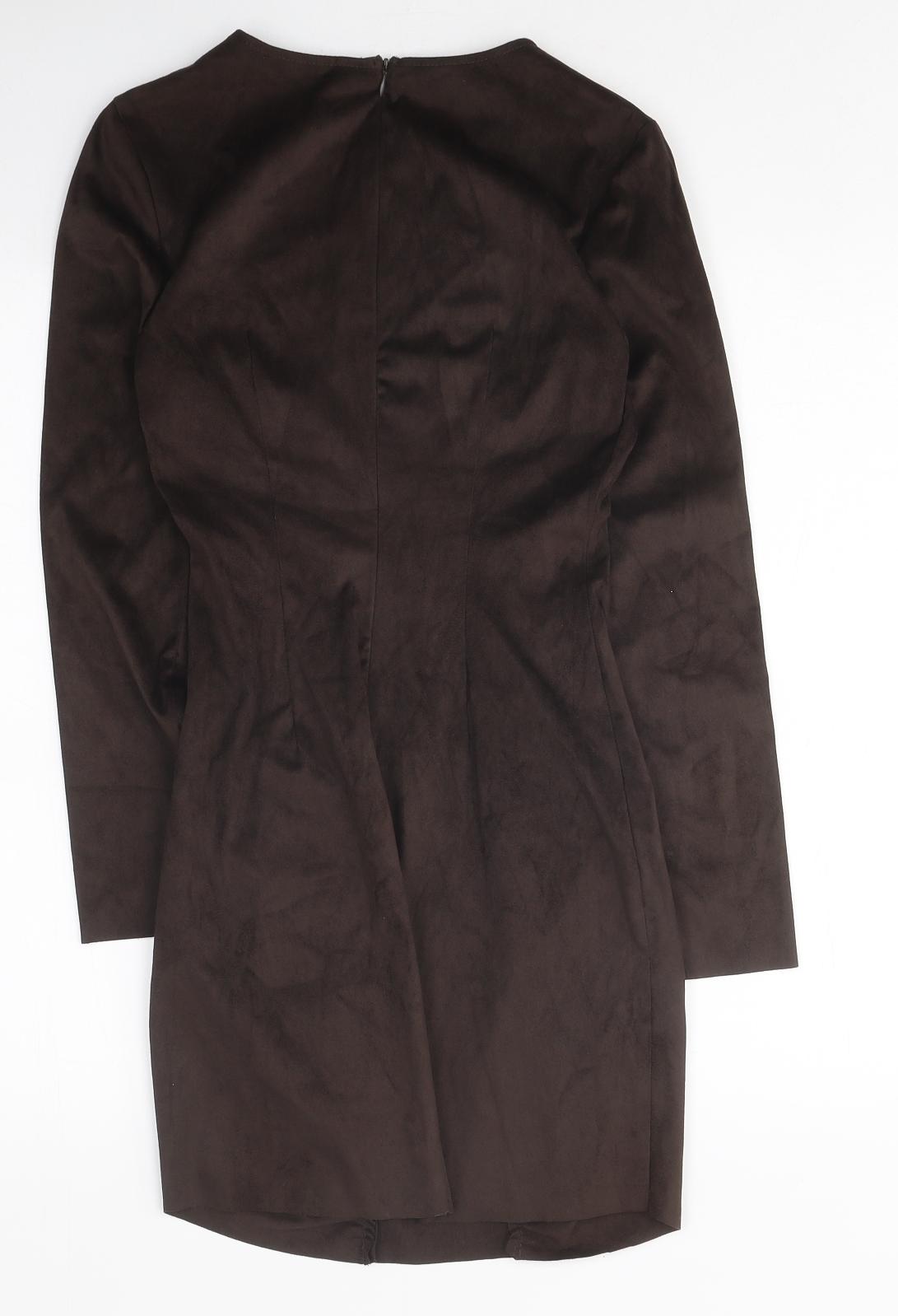 Zara Womens Brown Polyester Bodycon Size XS Round Neck Zip - Ruched