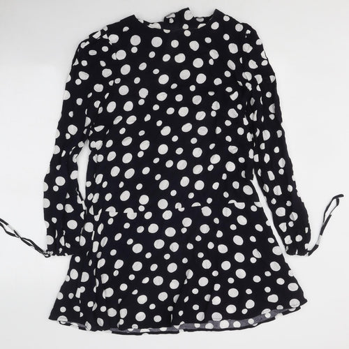 Mango Womens Black Polka Dot Polyester Skater Dress Size M Round Neck Button