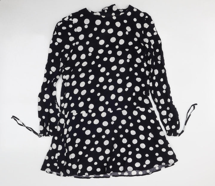 Mango Womens Black Polka Dot Polyester Skater Dress Size M Round Neck Button