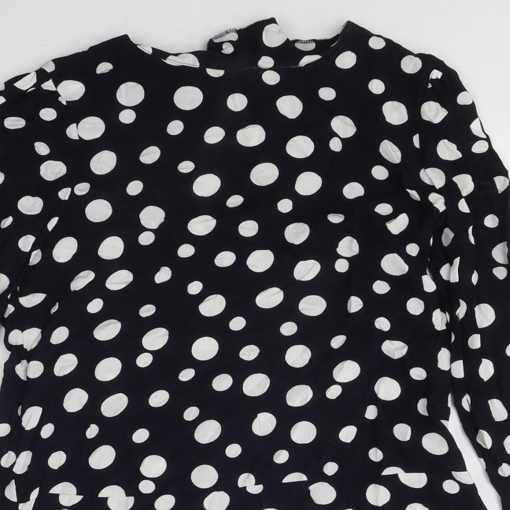 Mango Womens Black Polka Dot Polyester Skater Dress Size M Round Neck Button