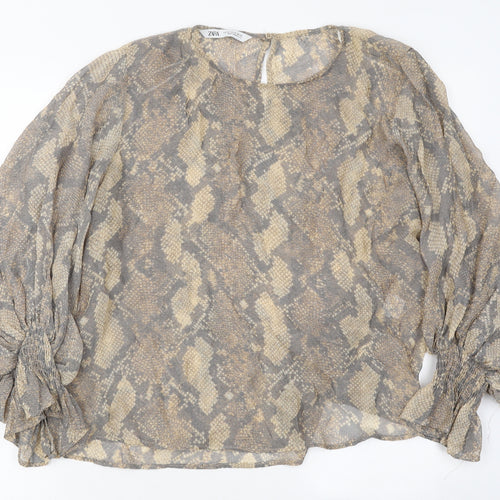 Zara Womens Brown Animal Print Cotton Basic Blouse Size M Round Neck