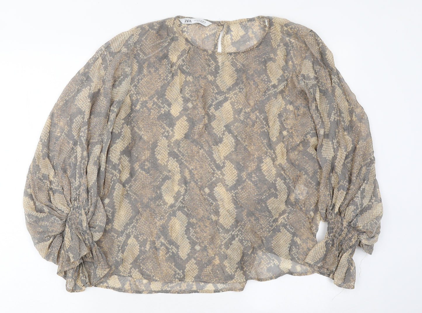 Zara Womens Brown Animal Print Cotton Basic Blouse Size M Round Neck
