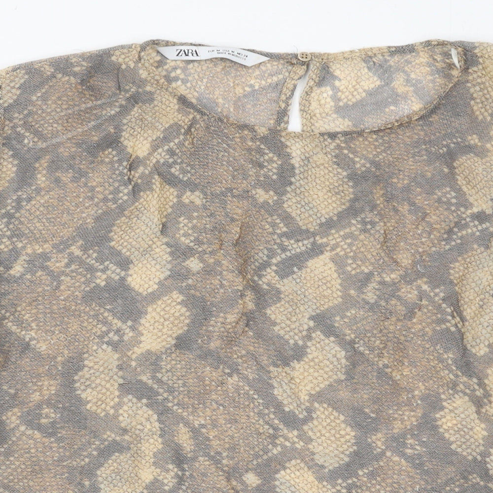 Zara Womens Brown Animal Print Cotton Basic Blouse Size M Round Neck