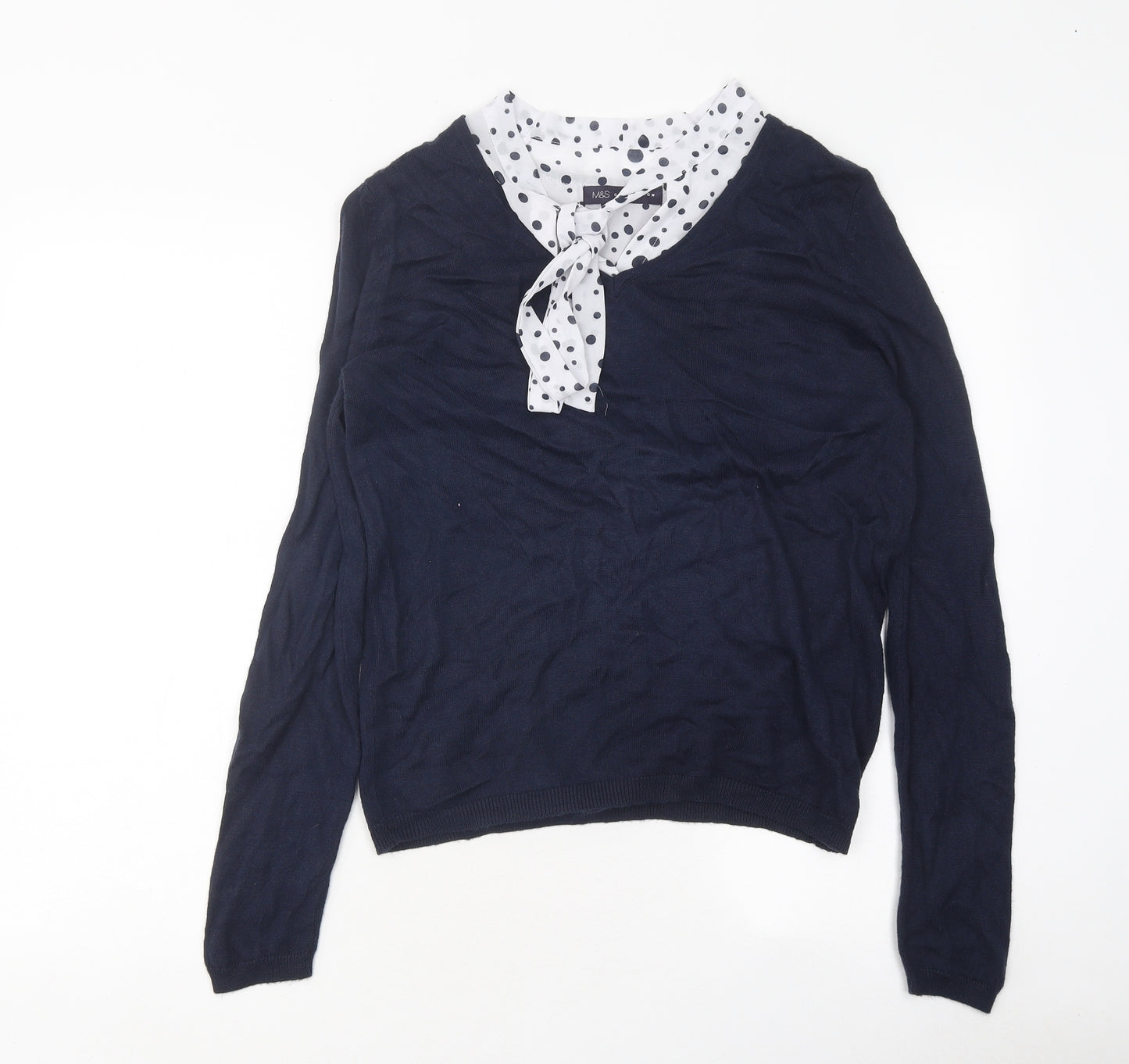 Marks and Spencer Womens Blue Crew Neck Polka Dot Polyester Pullover Jumper Size 10 - Tie