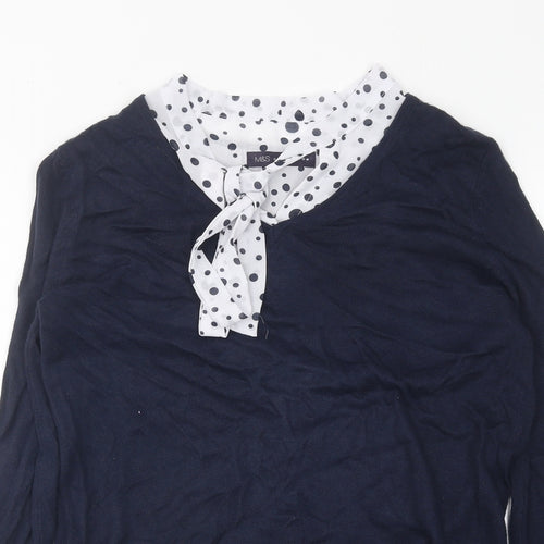 Marks and Spencer Womens Blue Crew Neck Polka Dot Polyester Pullover Jumper Size 10 - Tie