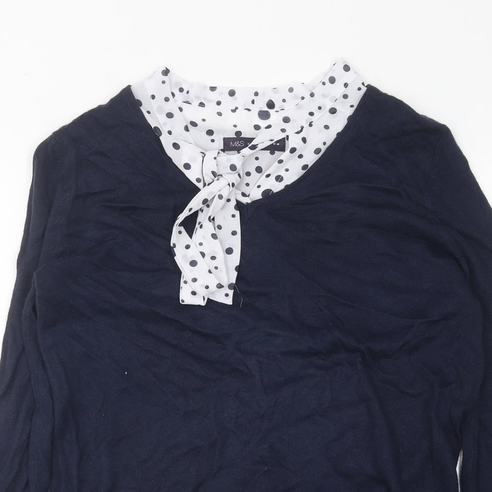 Marks and Spencer Womens Blue Crew Neck Polka Dot Polyester Pullover Jumper Size 10 - Tie