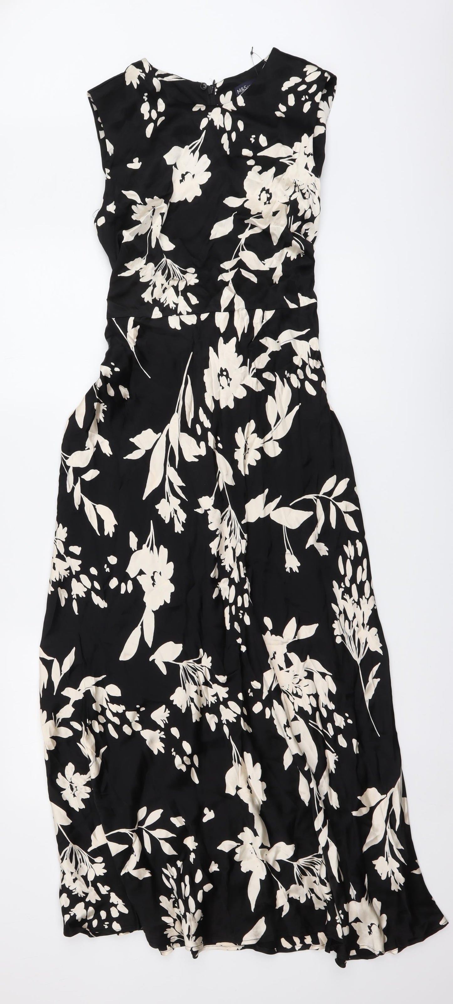 Marks and Spencer Womens Black Floral Polyester A-Line Size 12 Round Neck Zip