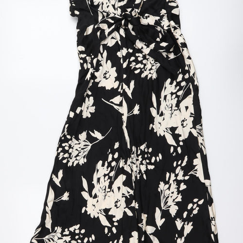 Marks and Spencer Womens Black Floral Polyester A-Line Size 12 Round Neck Zip