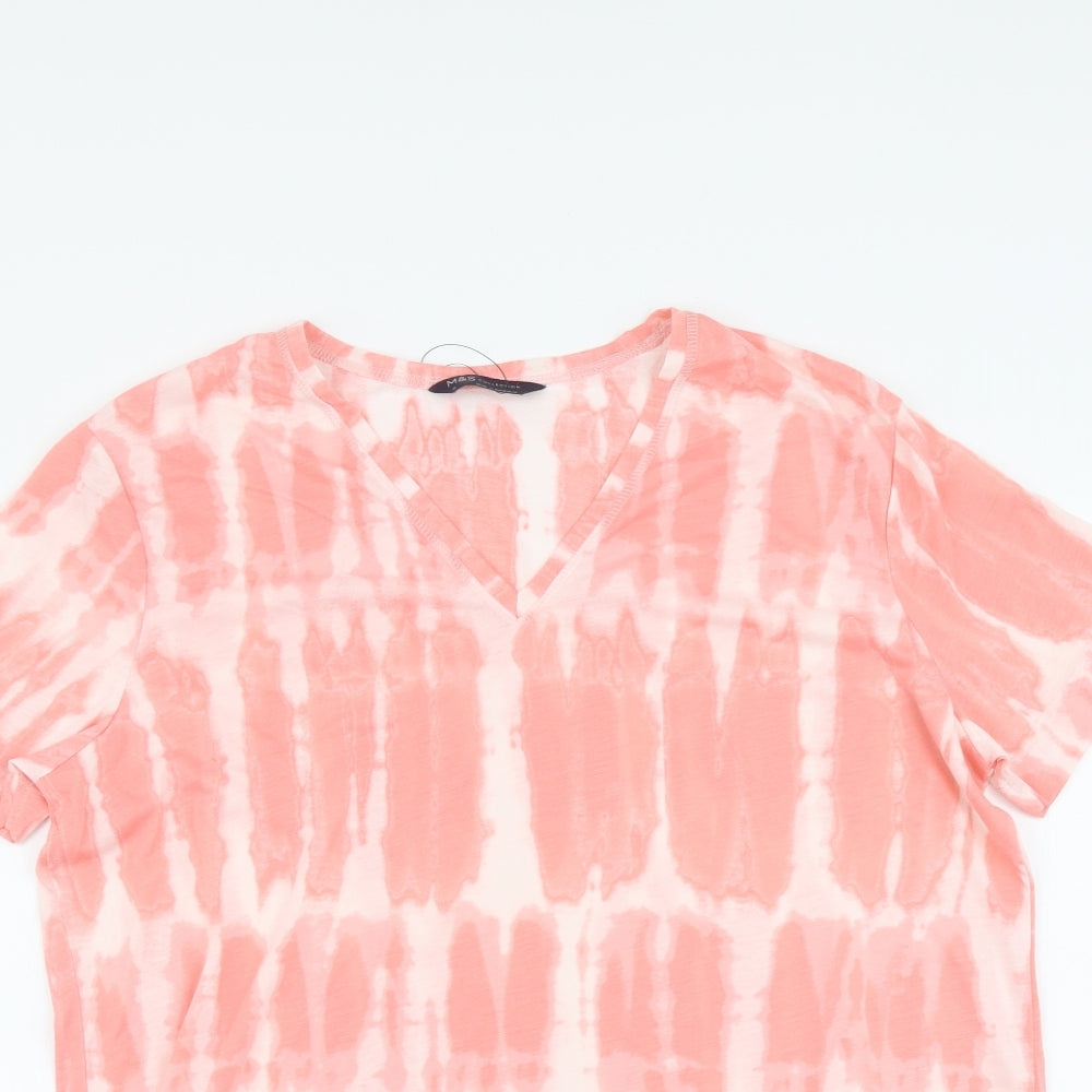 Marks and Spencer Womens Pink Geometric Polyester Basic T-Shirt Size 12 V-Neck - Tie Dye
