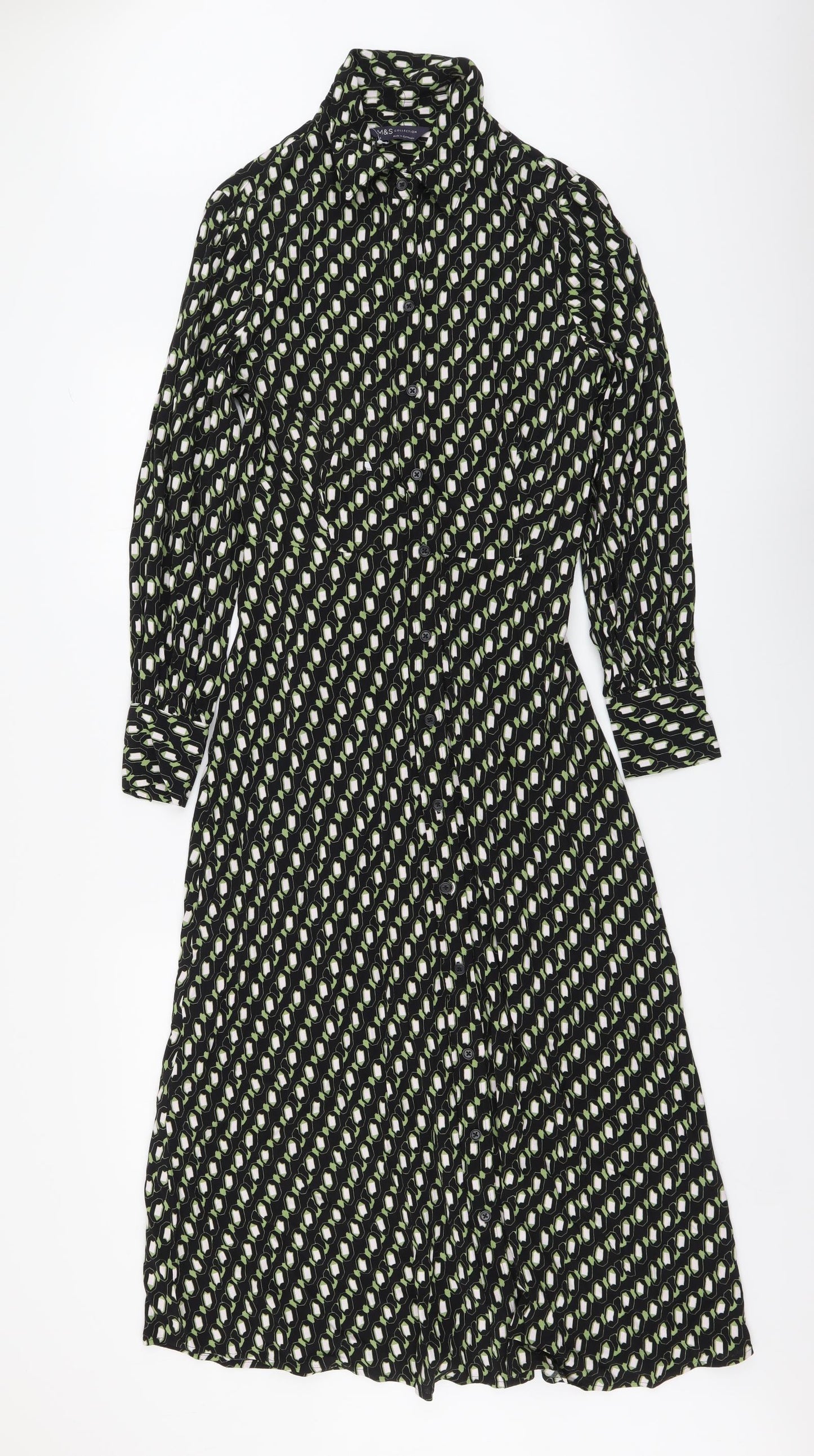 Marks and Spencer Womens Black Geometric Viscose Shirt Dress Size 6 Collared Button