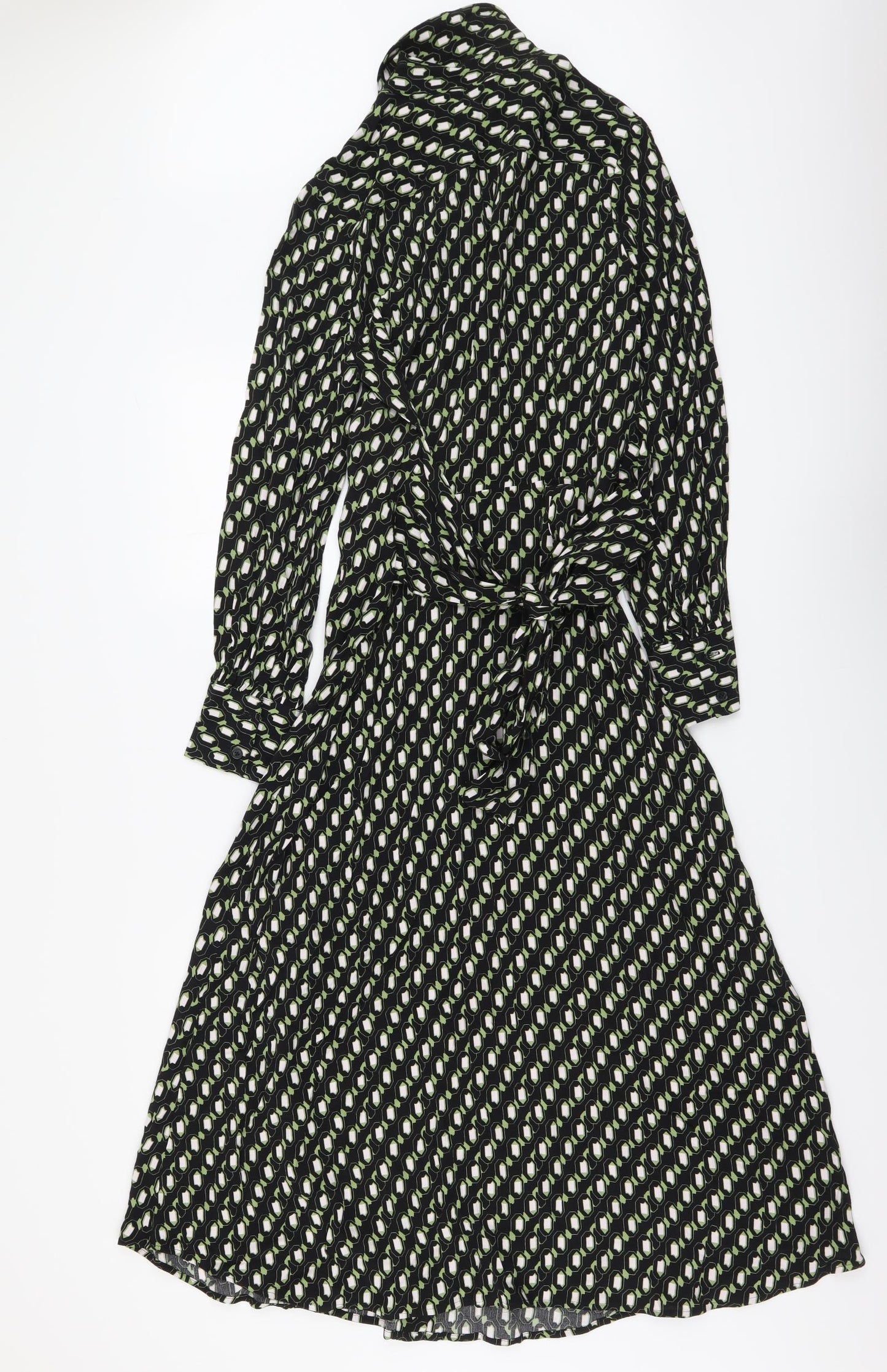 Marks and Spencer Womens Black Geometric Viscose Shirt Dress Size 6 Collared Button
