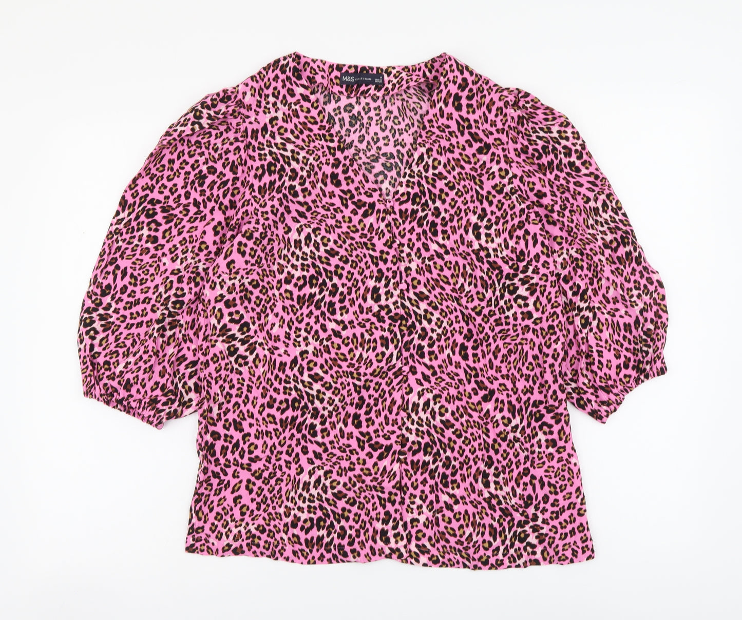 Marks and Spencer Womens Pink Animal Print Viscose Basic Button-Up Size 22 V-Neck - Leopard pattern