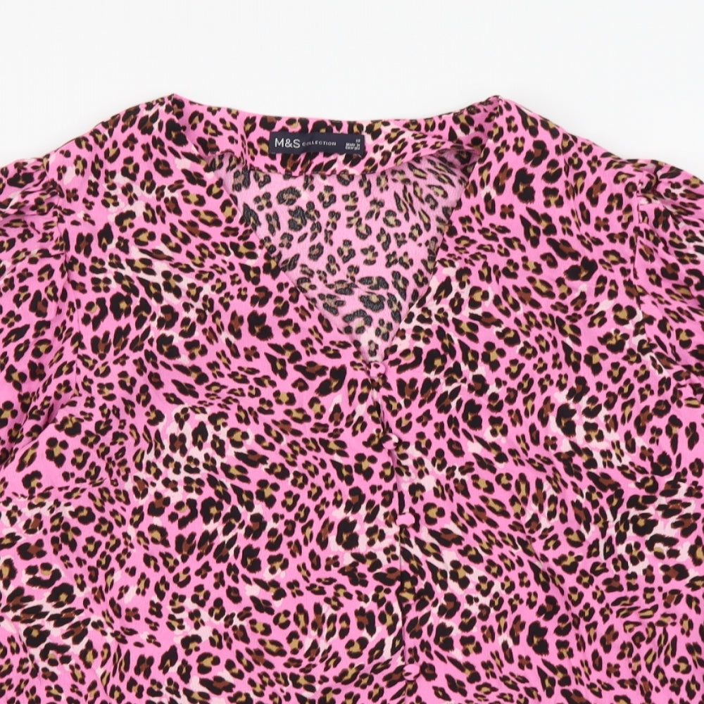 Marks and Spencer Womens Pink Animal Print Viscose Basic Button-Up Size 22 V-Neck - Leopard pattern