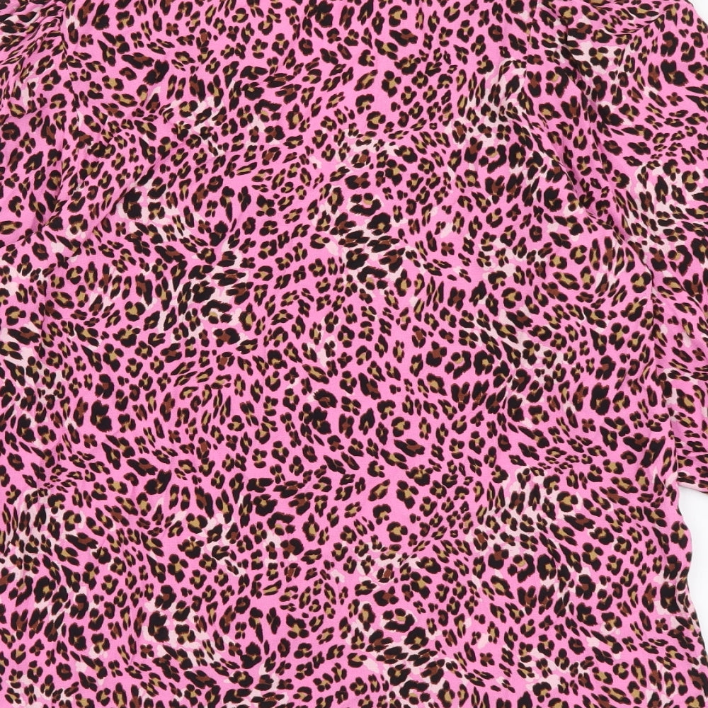Marks and Spencer Womens Pink Animal Print Viscose Basic Button-Up Size 22 V-Neck - Leopard pattern