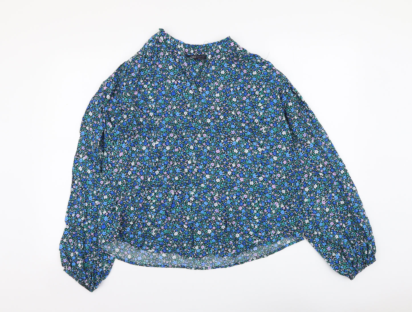 Marks and Spencer Womens Blue Floral Viscose Basic Blouse Size 8 V-Neck