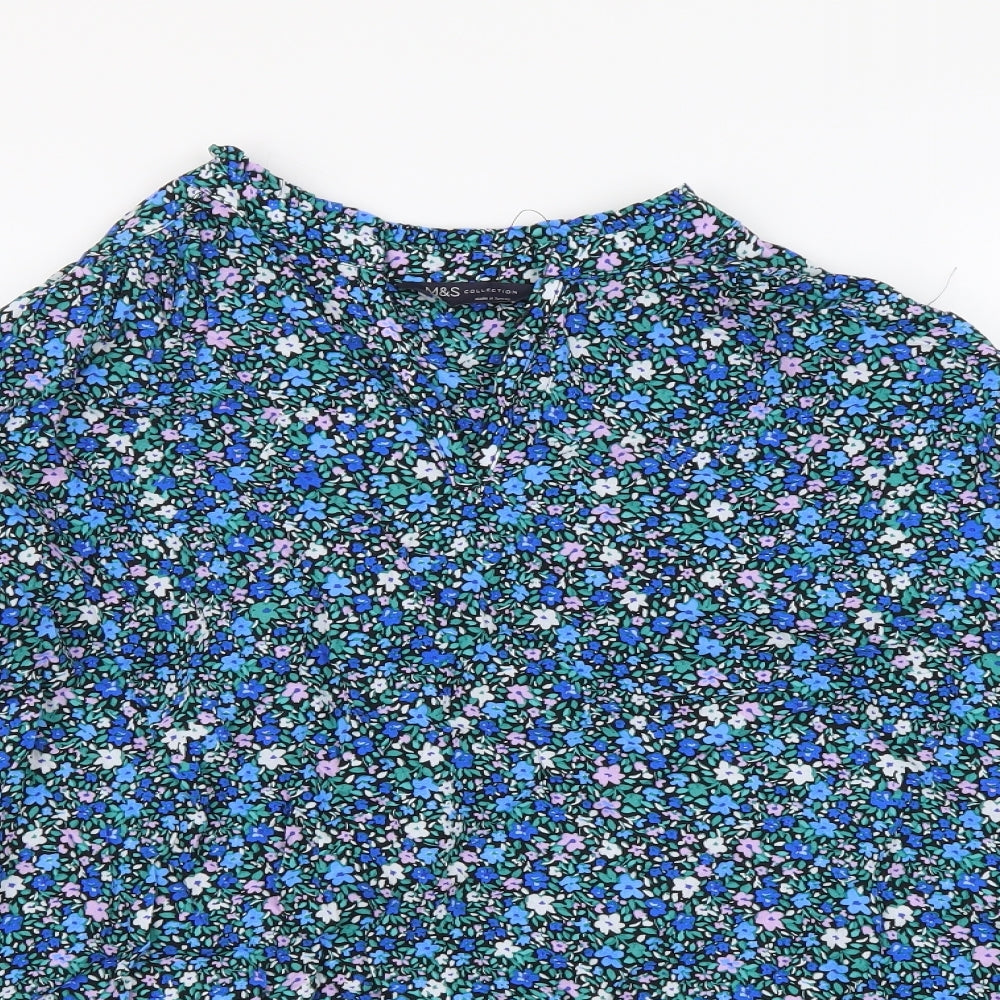 Marks and Spencer Womens Blue Floral Viscose Basic Blouse Size 8 V-Neck