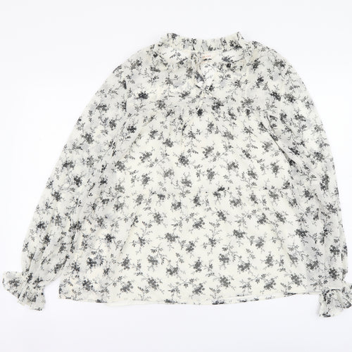 Marks and Spencer Womens White Floral Polyester Basic Blouse Size 8 Mock Neck