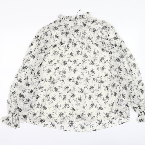 Marks and Spencer Womens White Floral Polyester Basic Blouse Size 8 Mock Neck