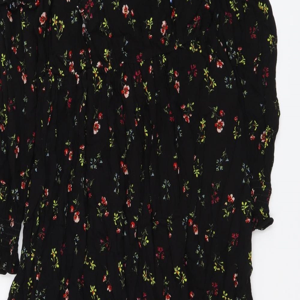 Marks and Spencer Womens Black Floral Viscose A-Line Size 10 Round Neck Pullover