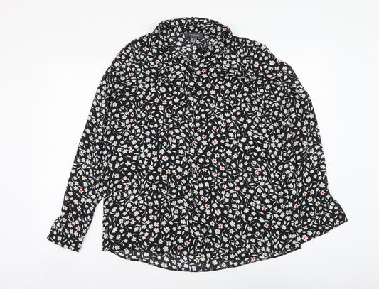 Front view of Primark women’s black floral polyester basic button-up, size UK 16, collared