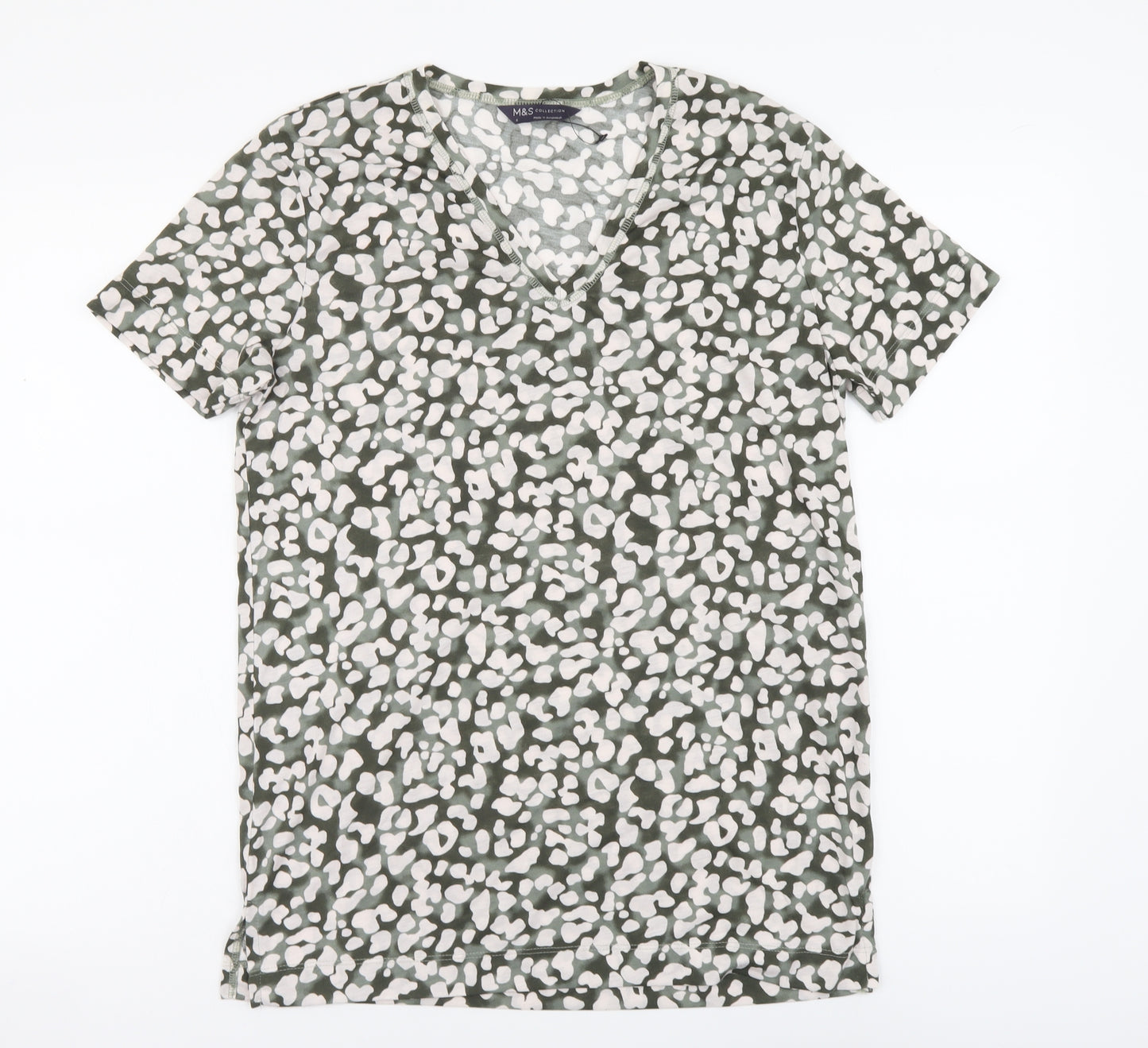 Marks and Spencer Womens Green Animal Print Polyester Basic T-Shirt Size 8 V-Neck - Leopard pattern