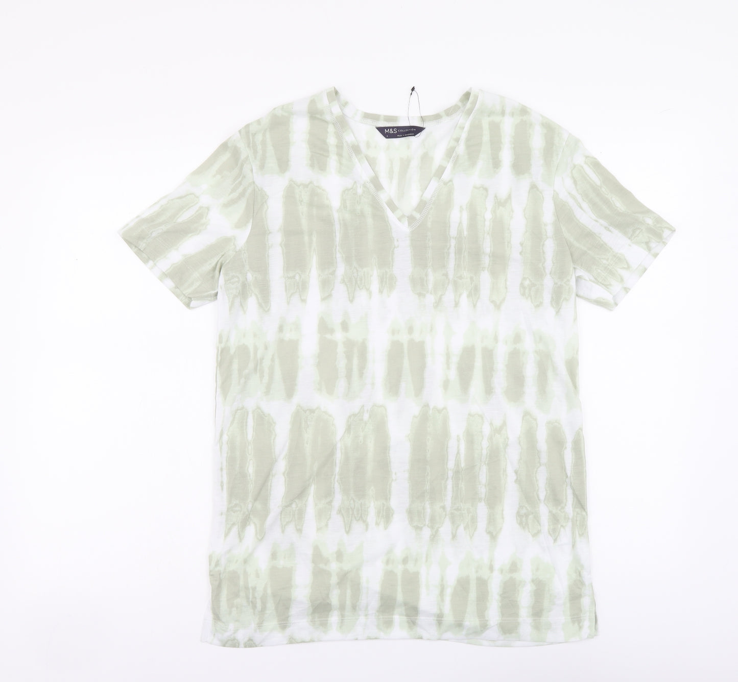 Marks and Spencer Womens Green Geometric Polyester Basic T-Shirt Size 8 V-Neck - Tie Dye