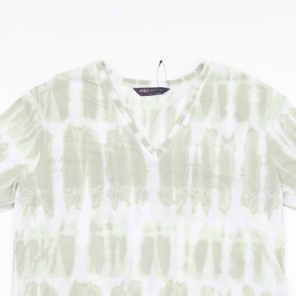 Marks and Spencer Womens Green Geometric Polyester Basic T-Shirt Size 8 V-Neck - Tie Dye