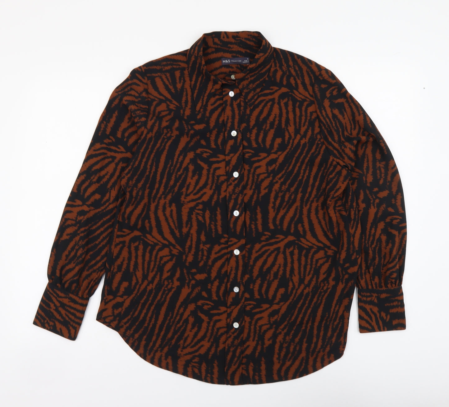 Marks and Spencer Womens Brown Animal Print Polyester Basic Button-Up Size 12 Collared - Zebra pattern