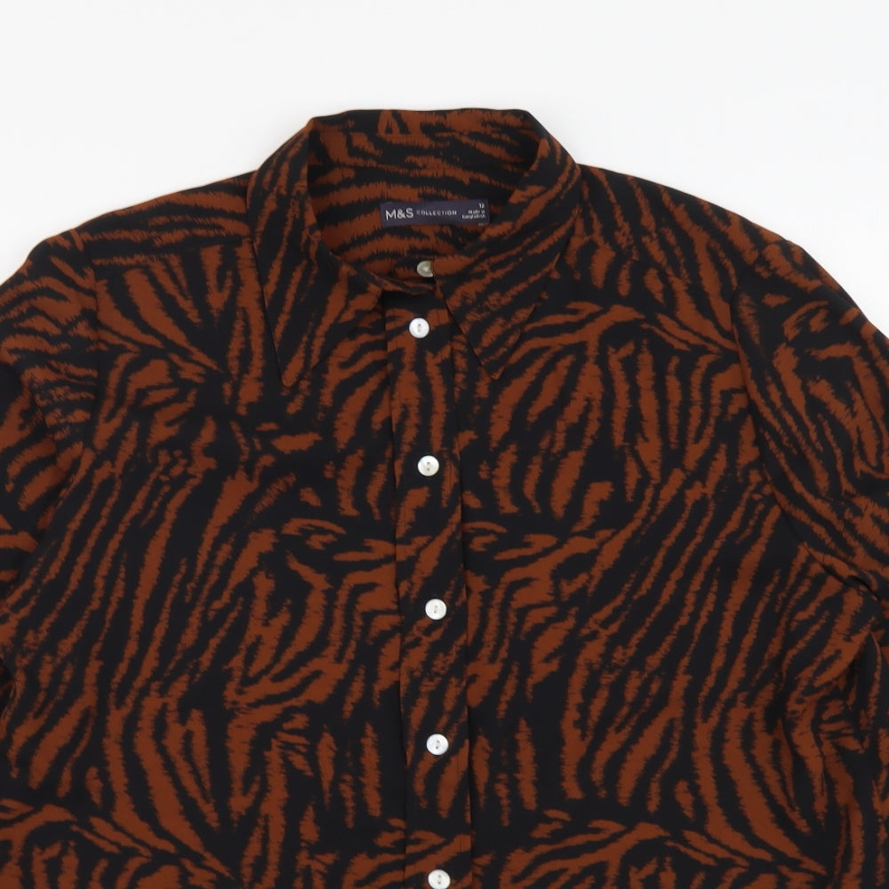 Marks and Spencer Womens Brown Animal Print Polyester Basic Button-Up Size 12 Collared - Zebra pattern