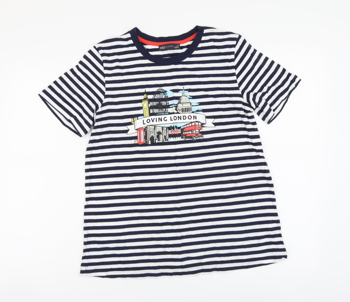 Marks and Spencer Womens Blue Striped Cotton Basic Polo Size 12 Round Neck - Loving London