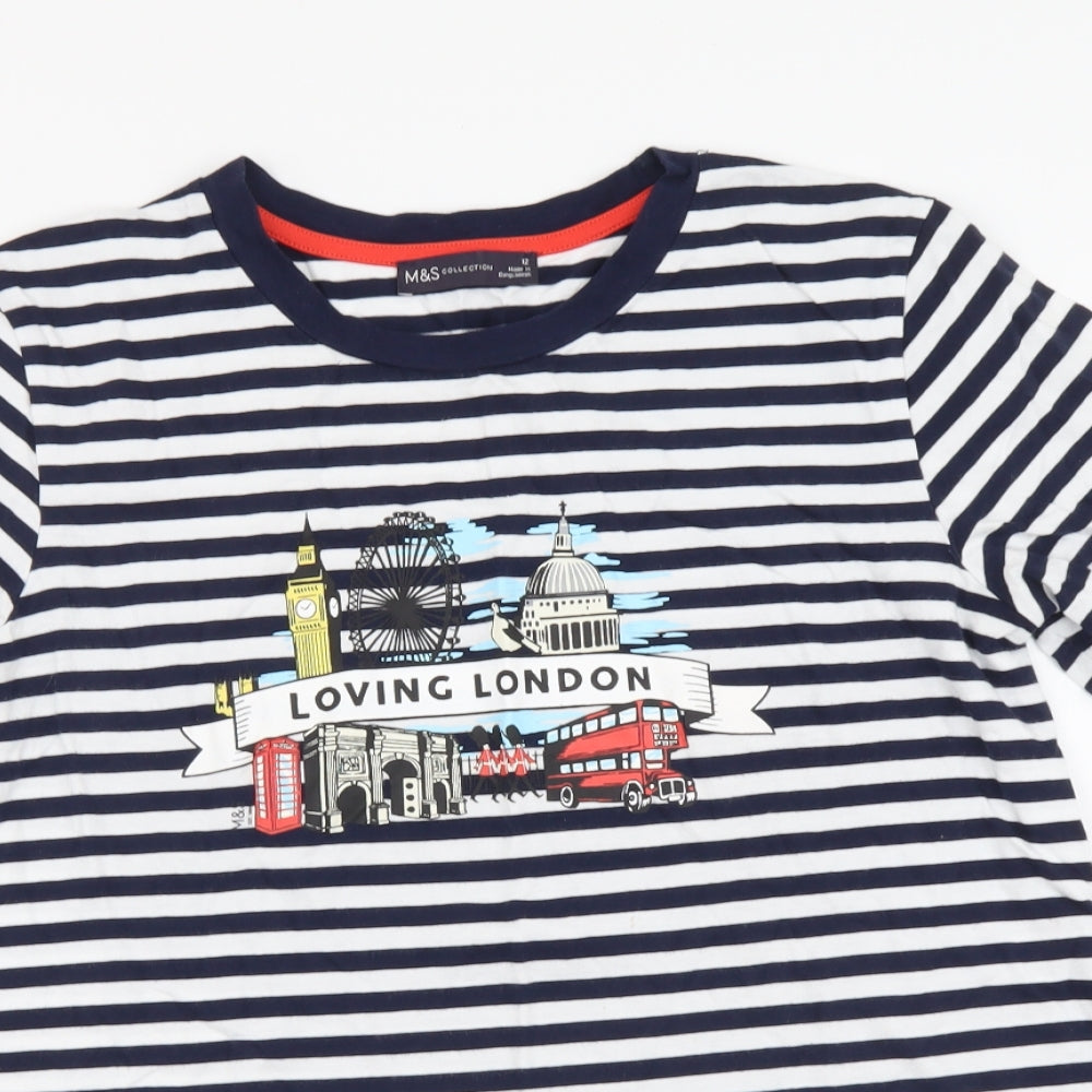 Marks and Spencer Womens Blue Striped Cotton Basic Polo Size 12 Round Neck - Loving London