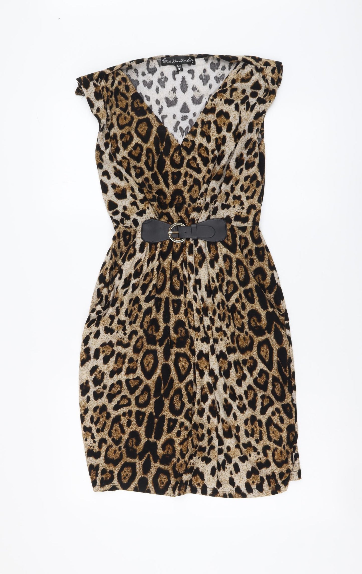 Mela London Womens Brown Animal Print Polyester A-Line Size 10 V-Neck Pullover - Leopard pattern