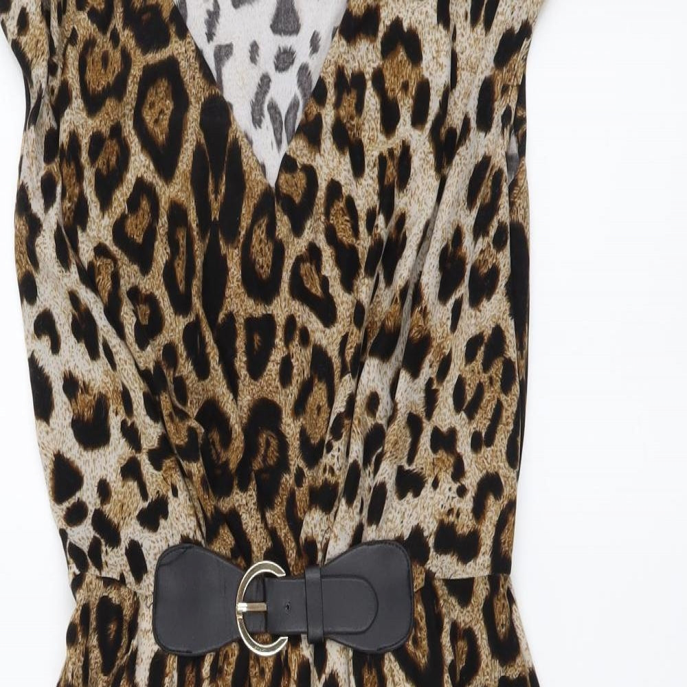 Mela London Womens Brown Animal Print Polyester A-Line Size 10 V-Neck Pullover - Leopard pattern