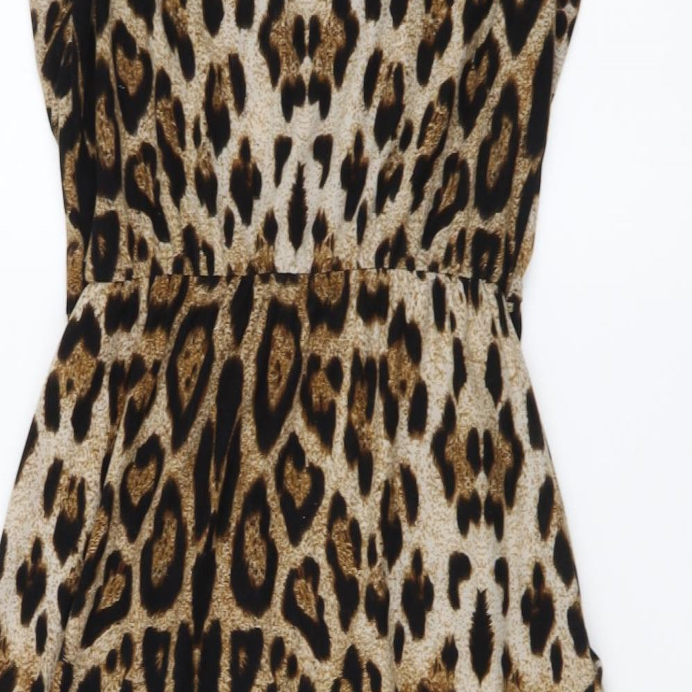Mela London Womens Brown Animal Print Polyester A-Line Size 10 V-Neck Pullover - Leopard pattern