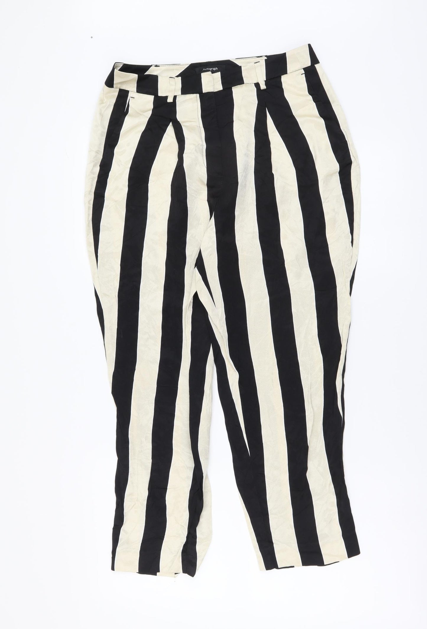 Marks and Spencer Womens Beige Striped Polyester Cropped Trousers Size 10 L23 in Regular Button