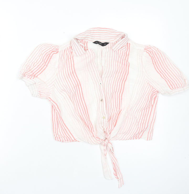 F&F Womens Orange Striped Polyester Cropped Button-Up Size 6 Collared - Tie At Front